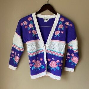 Vintage 80s Handmade Pink Purple Floral Button Down Sweater Cardigan